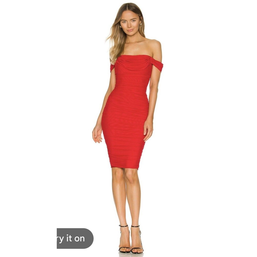 NBD Faye Double Lined Midi Dress Red Padded Off Shoulder Ruched Revolve Sz S